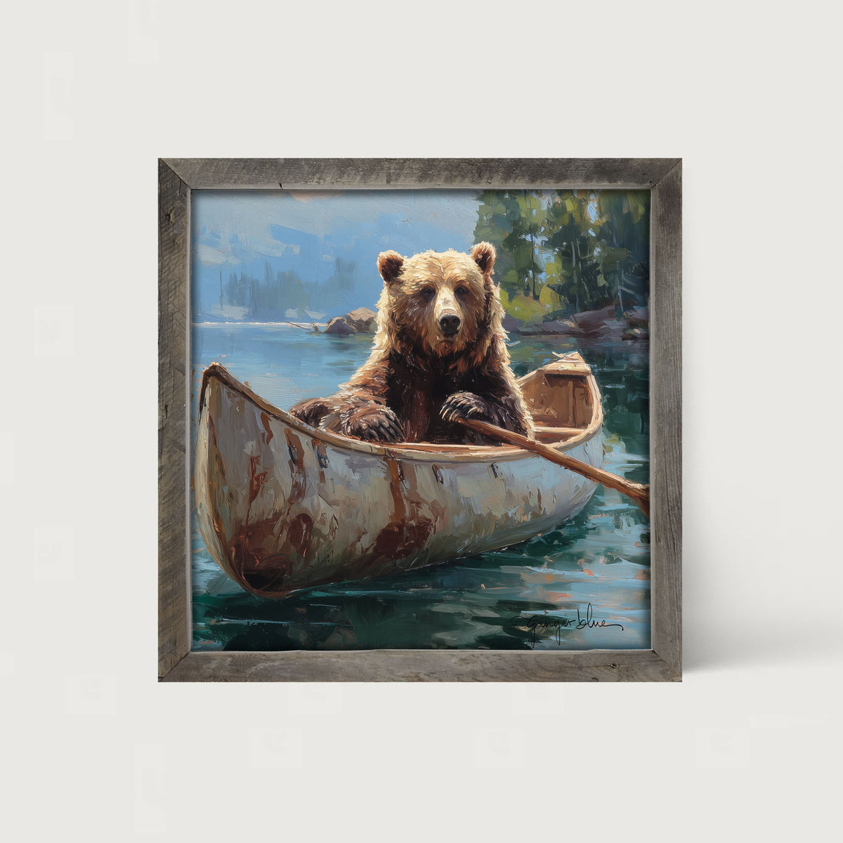 Brown Bear Rowing a Canoe - Framed Art