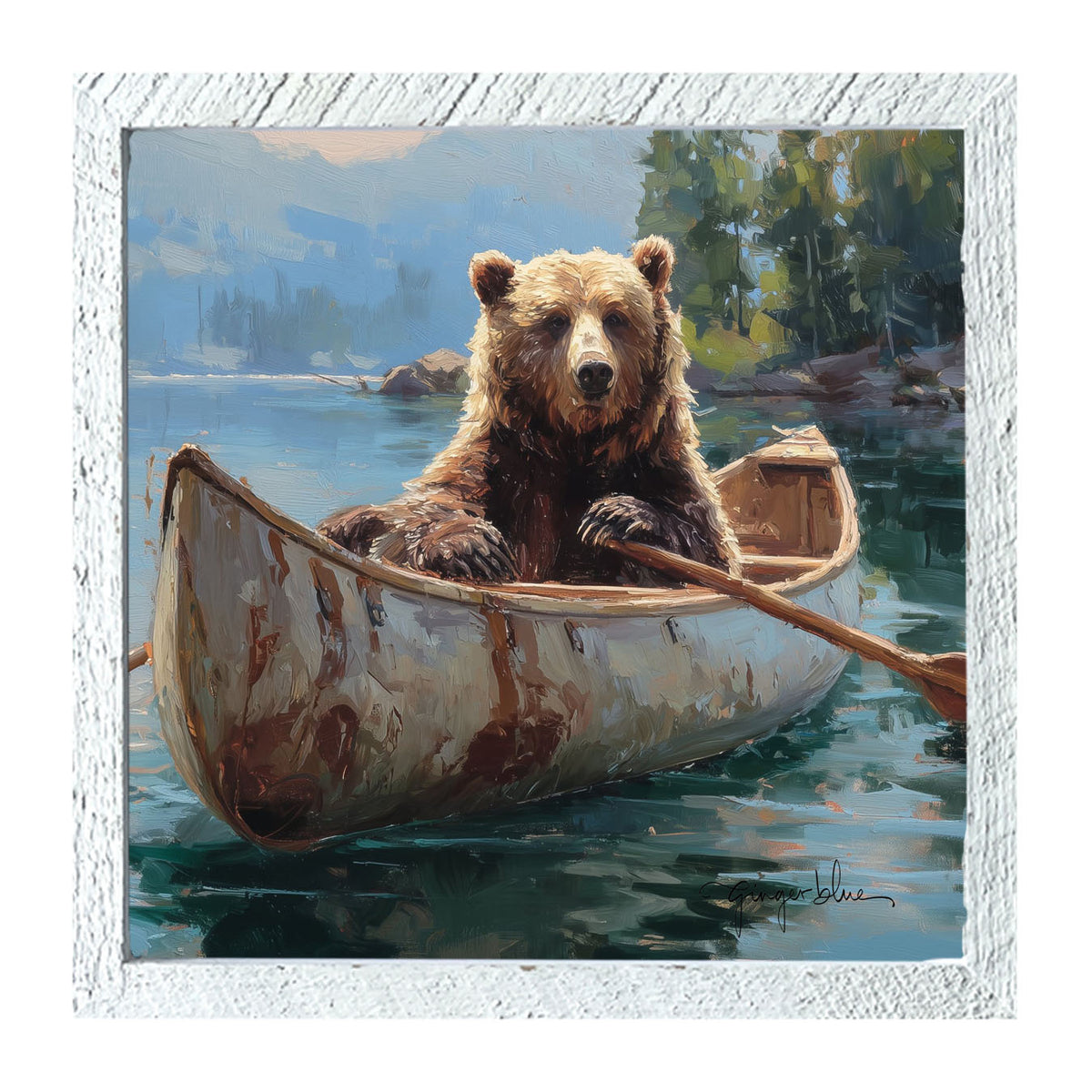 Brown Bear Rowing a Canoe - Framed Art