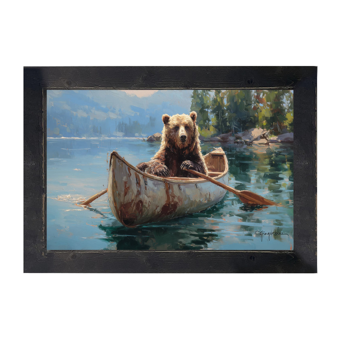Brown Bear Rowing a Canoe - Framed Art