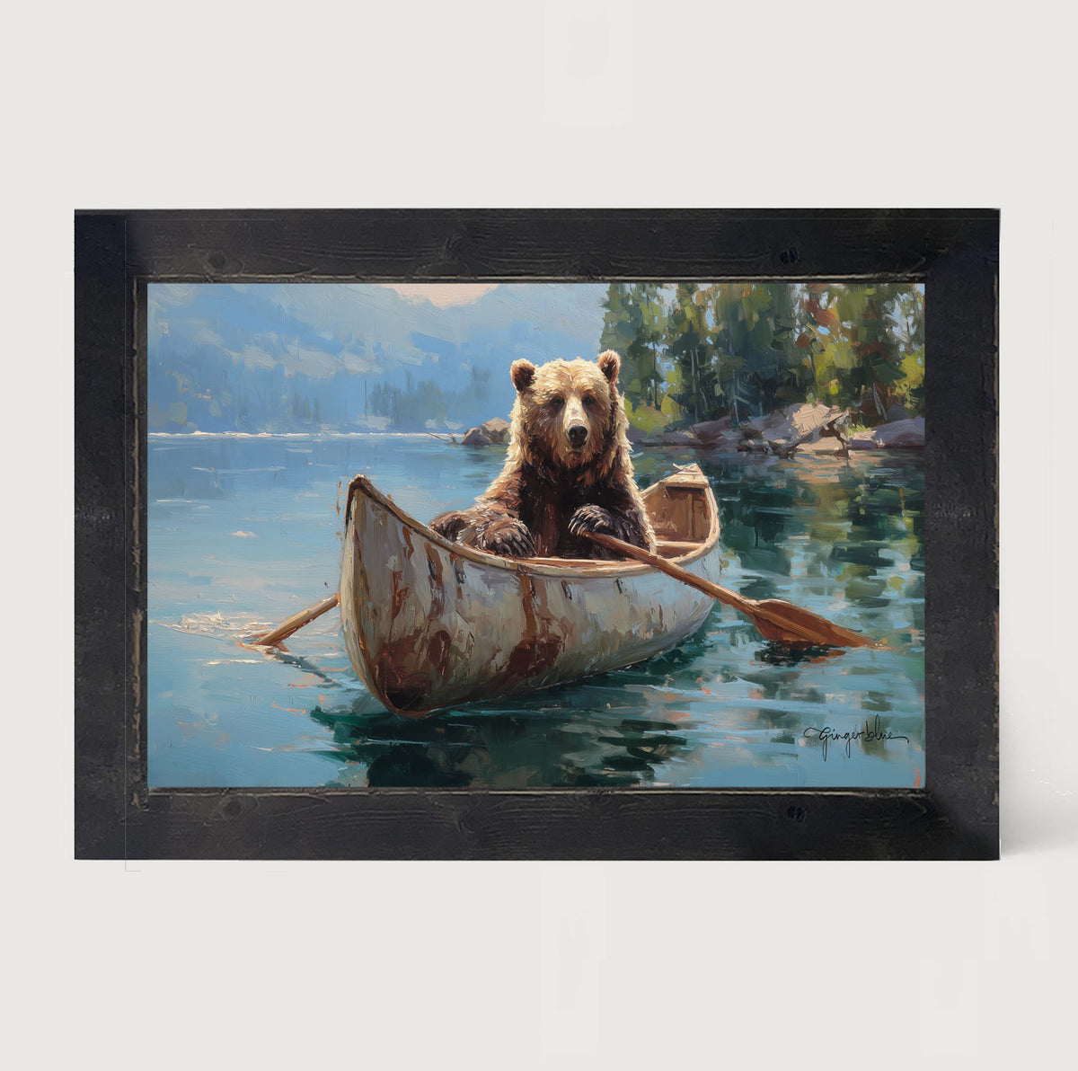 Brown Bear Rowing a Canoe - Framed Art
