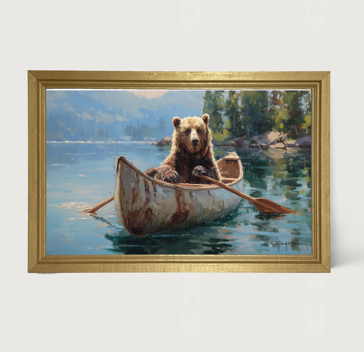 Brown Bear Rowing a Canoe - Framed Art