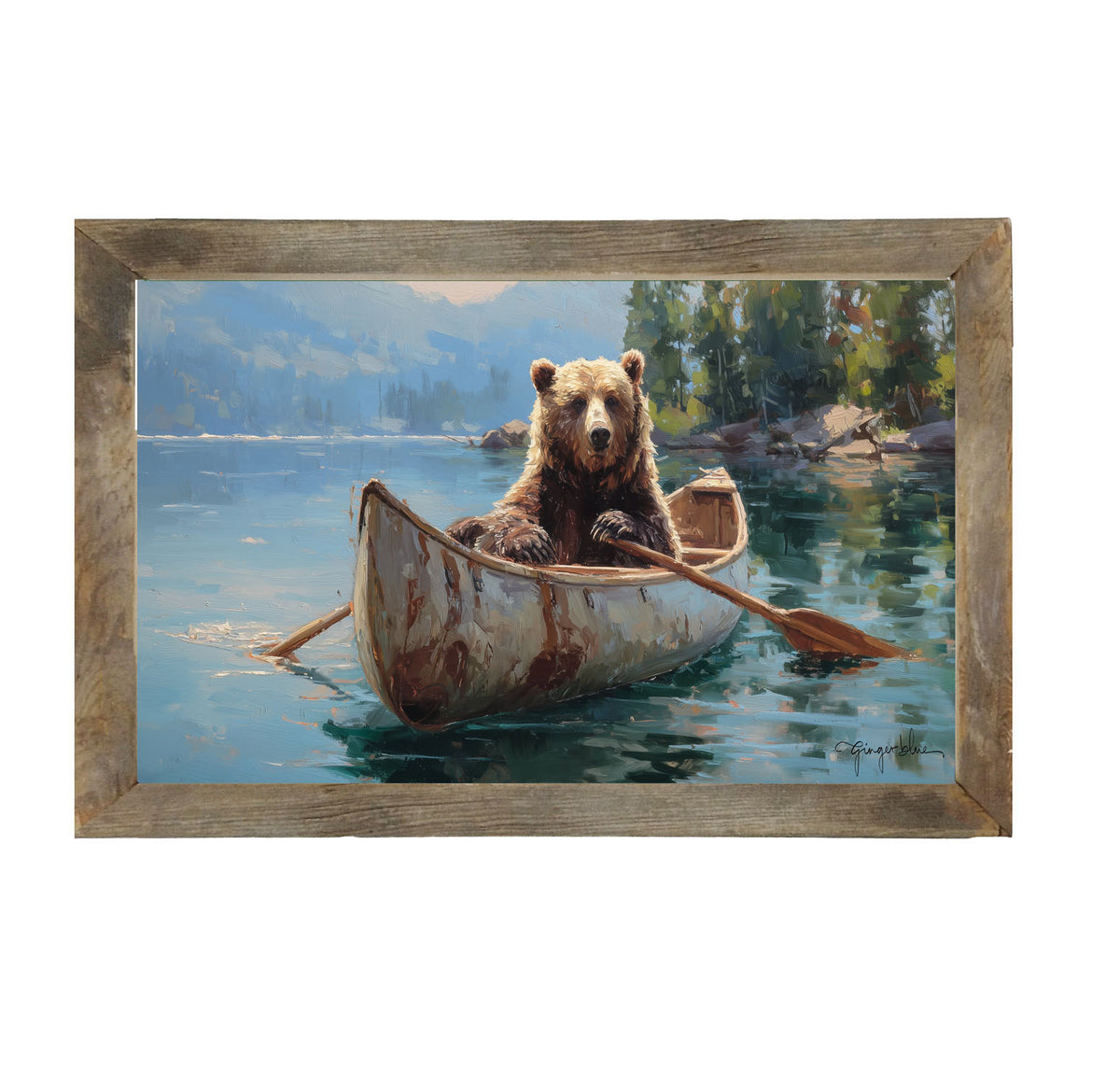 Brown Bear Rowing a Canoe - Framed Art
