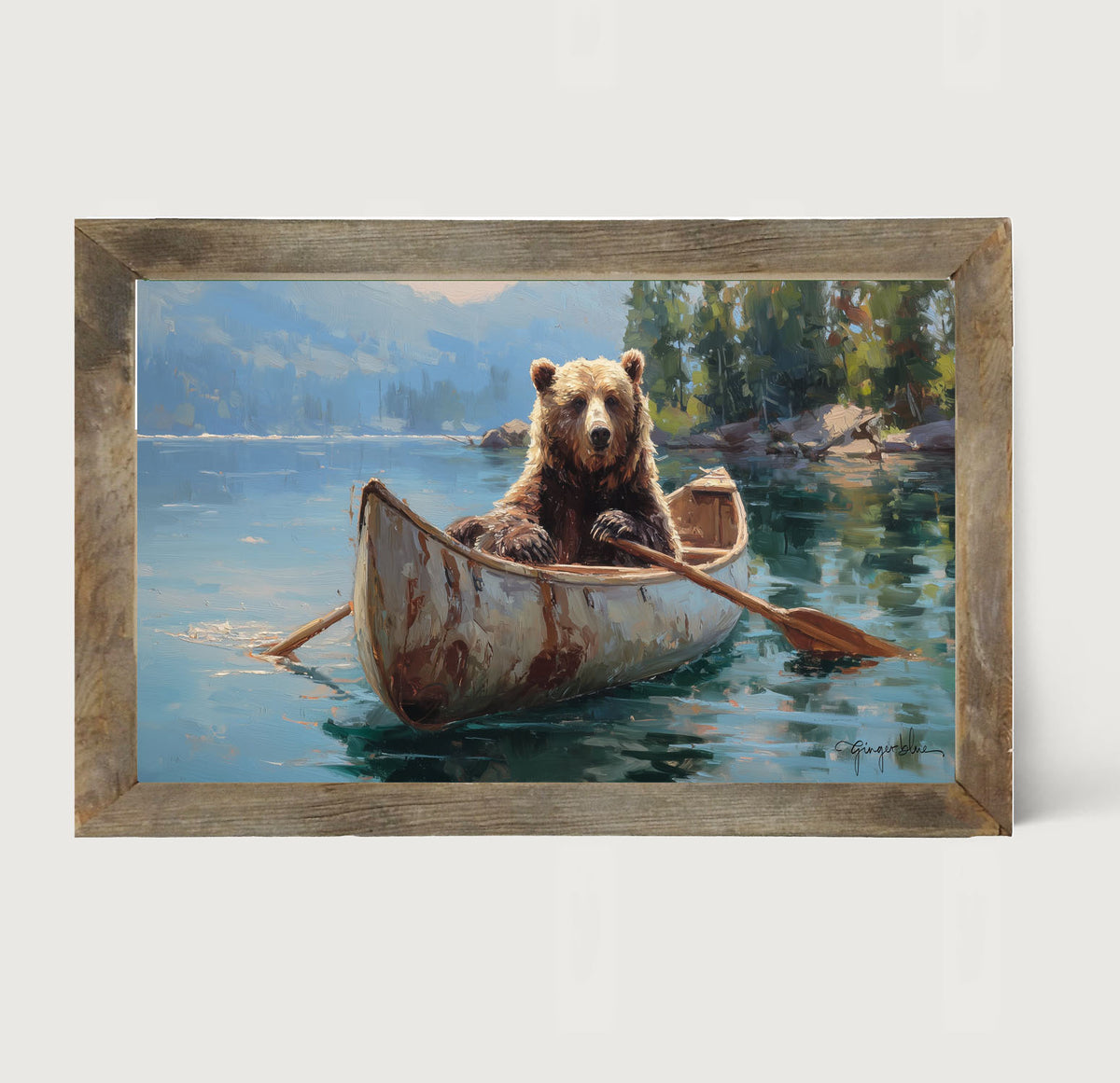 Brown Bear Rowing a Canoe - Framed Art