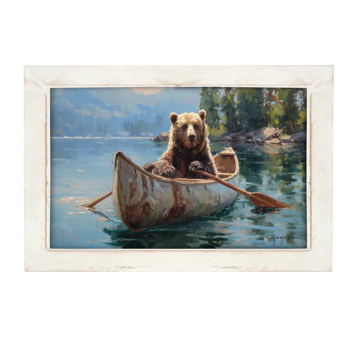 Brown Bear Rowing a Canoe - Framed Art