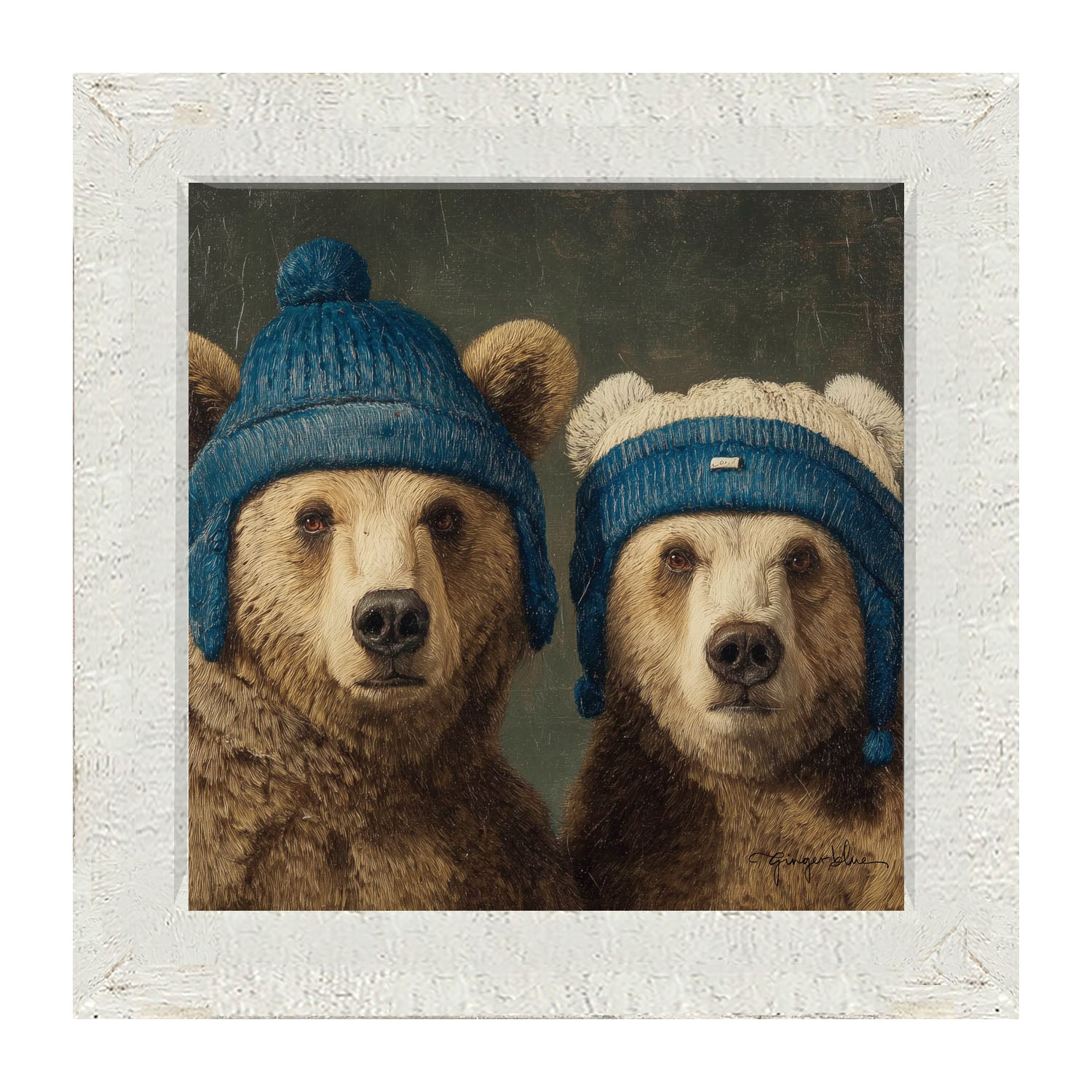 Knitted Blue Hat Bears - Framed Art