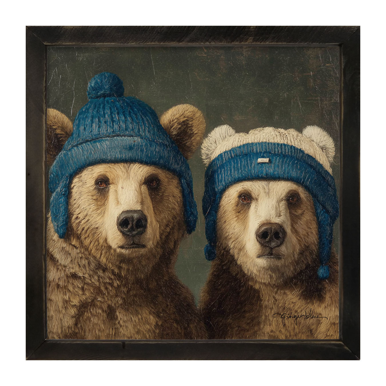 Knitted Blue Hat Bears - Framed Art