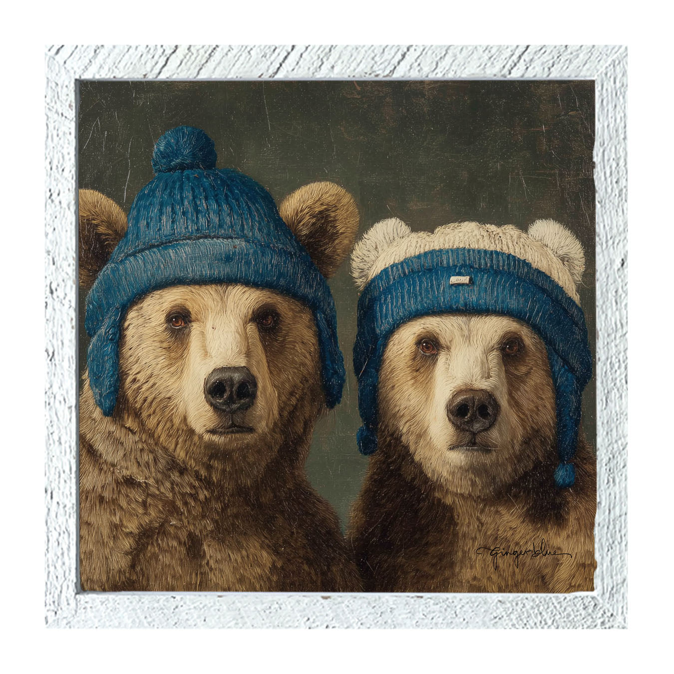 Knitted Blue Hat Bears - Framed Art