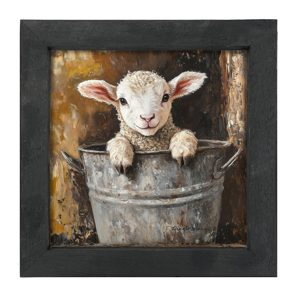 Baby Lamb in Metal Bucket - Framed Art