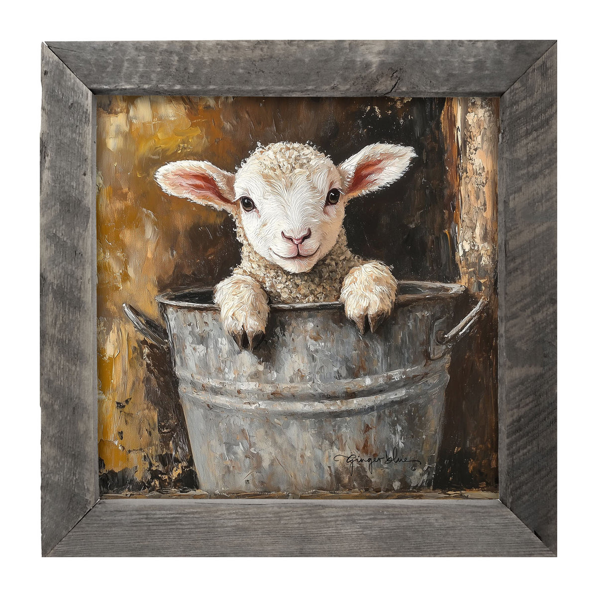 Baby Lamb in Metal Bucket - Framed Art