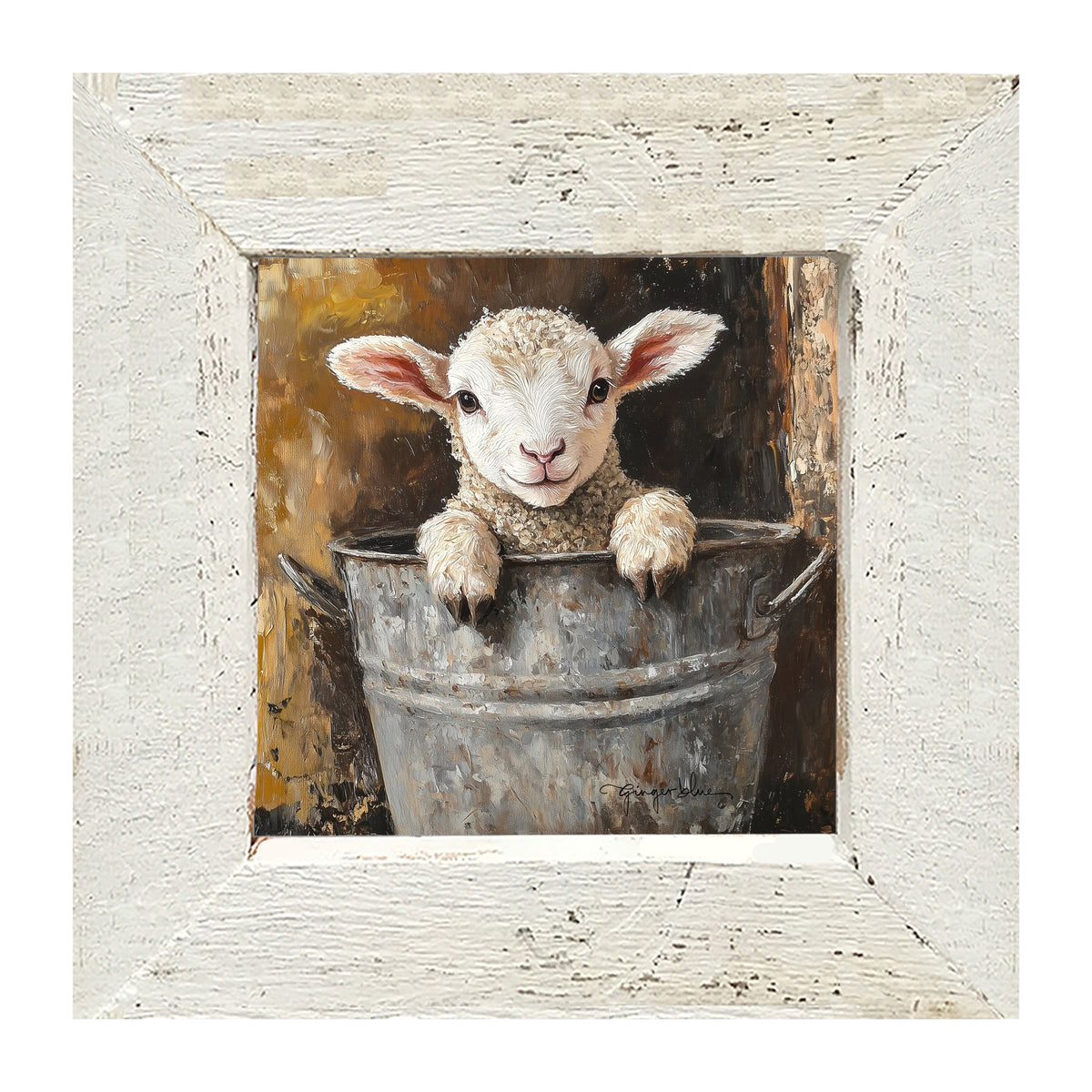 Baby Lamb in Metal Bucket - Framed Art