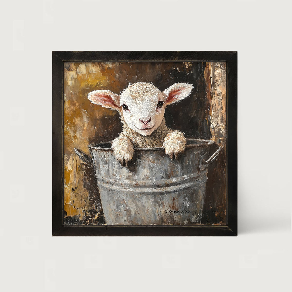 Baby Lamb in Metal Bucket - Framed Art