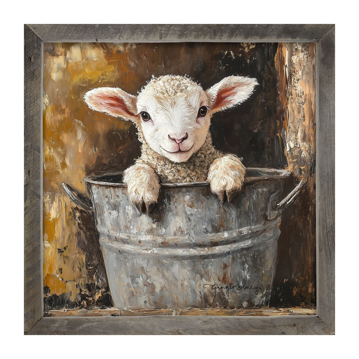 Baby Lamb in Metal Bucket - Framed Art