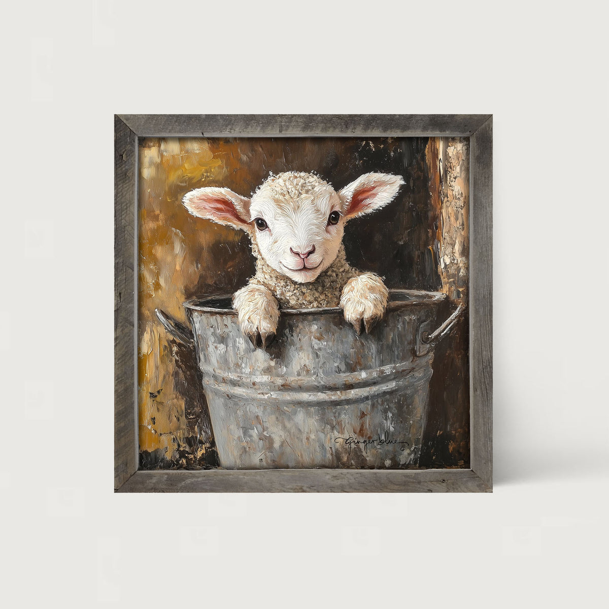 Baby Lamb in Metal Bucket - Framed Art