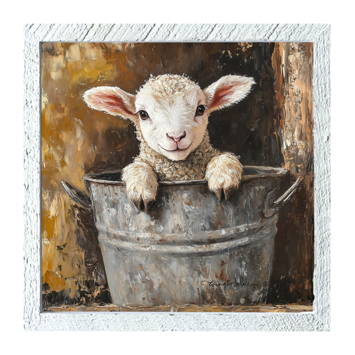Baby Lamb in Metal Bucket - Framed Art