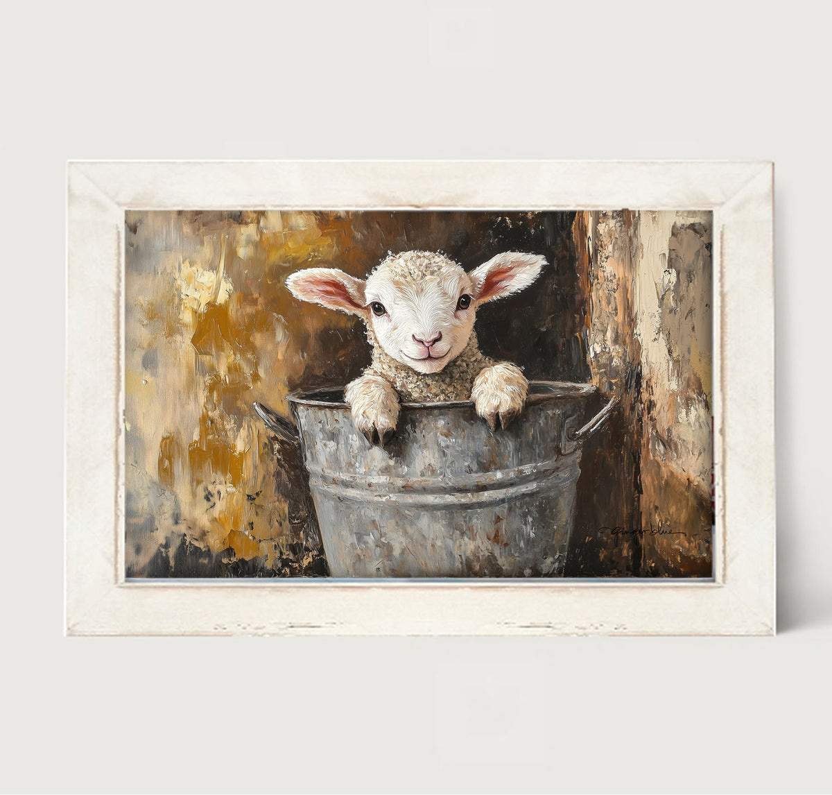 Baby Lamb in Metal Bucket - Framed Art