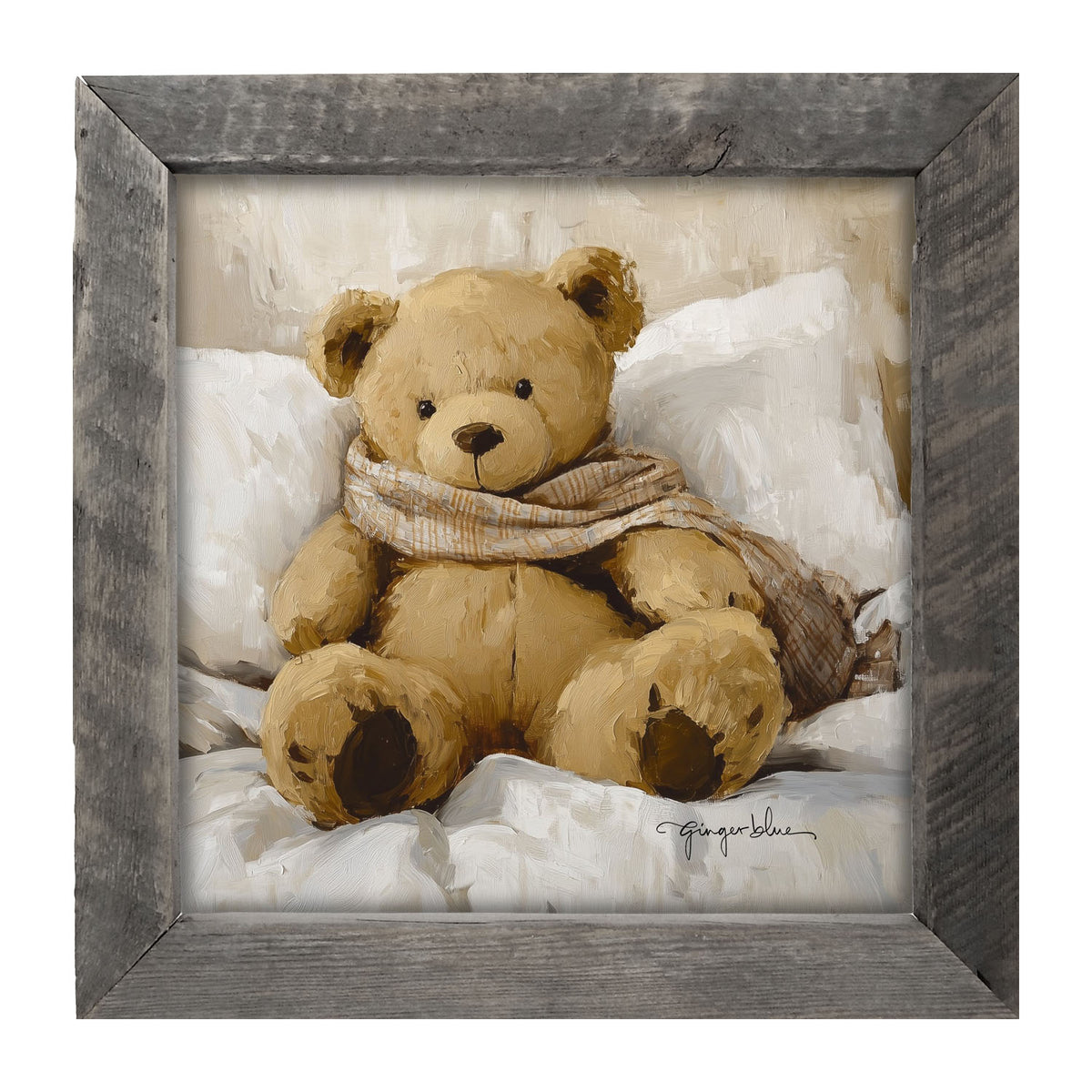 White Scarf Teddy Bear - Framed Art