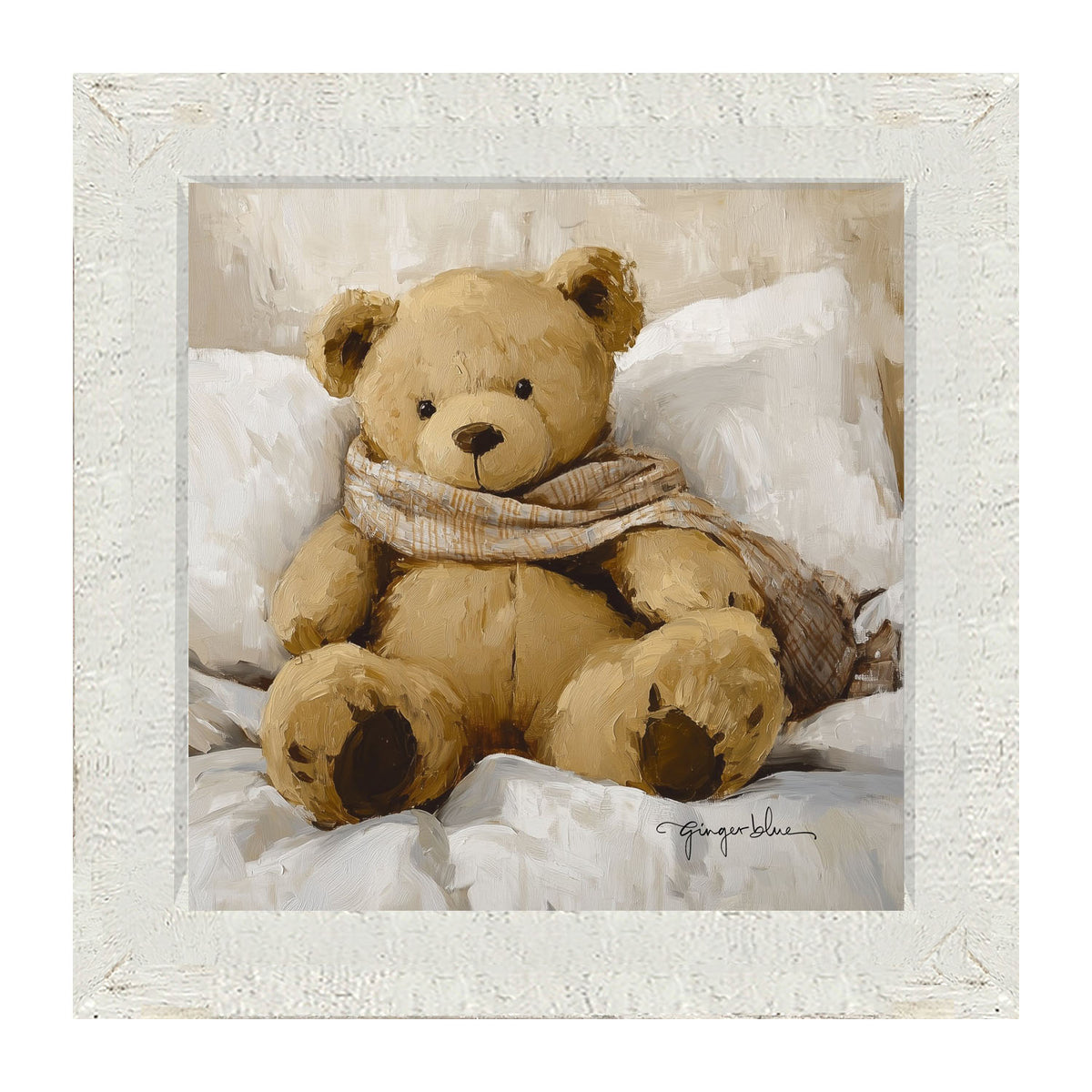 White Scarf Teddy Bear - Framed Art