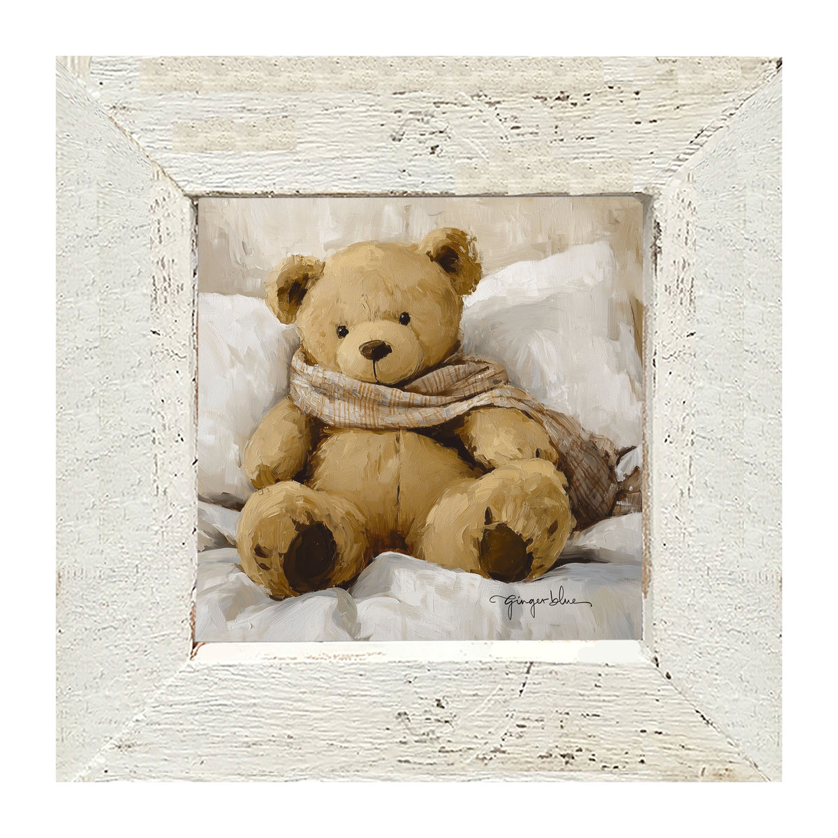 White Scarf Teddy Bear - Framed Art