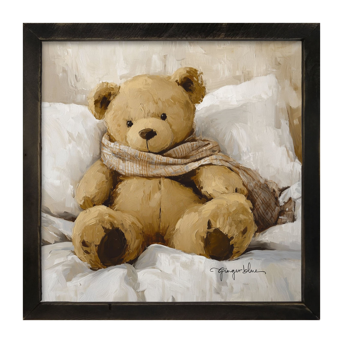White Scarf Teddy Bear - Framed Art