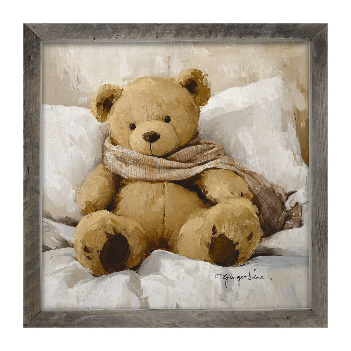 White Scarf Teddy Bear - Framed Art