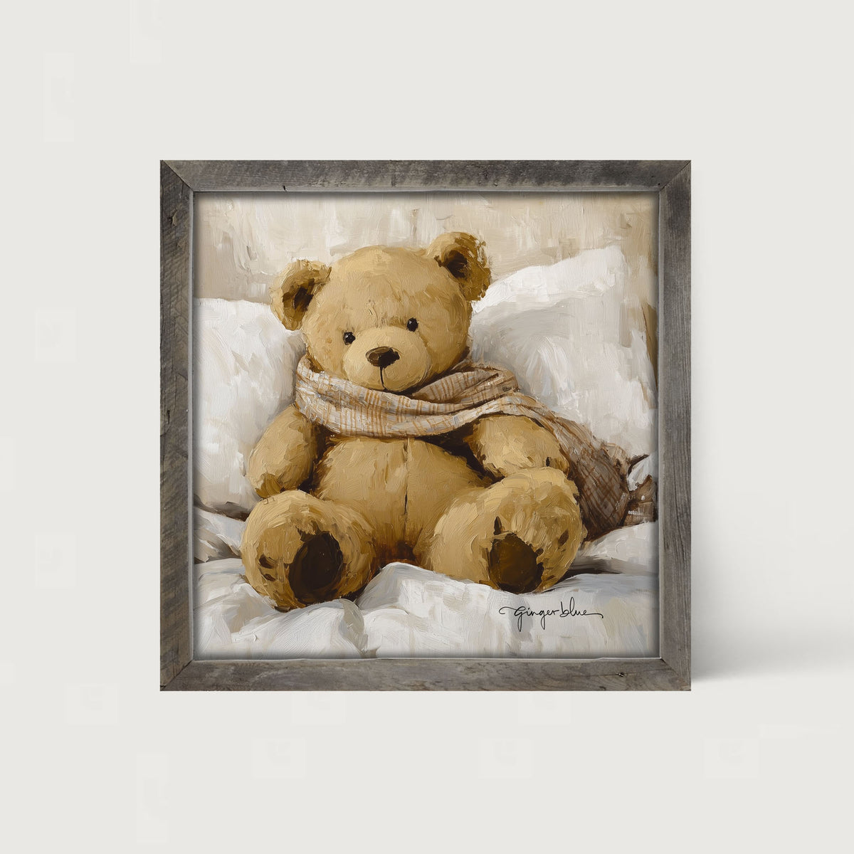 White Scarf Teddy Bear - Framed Art