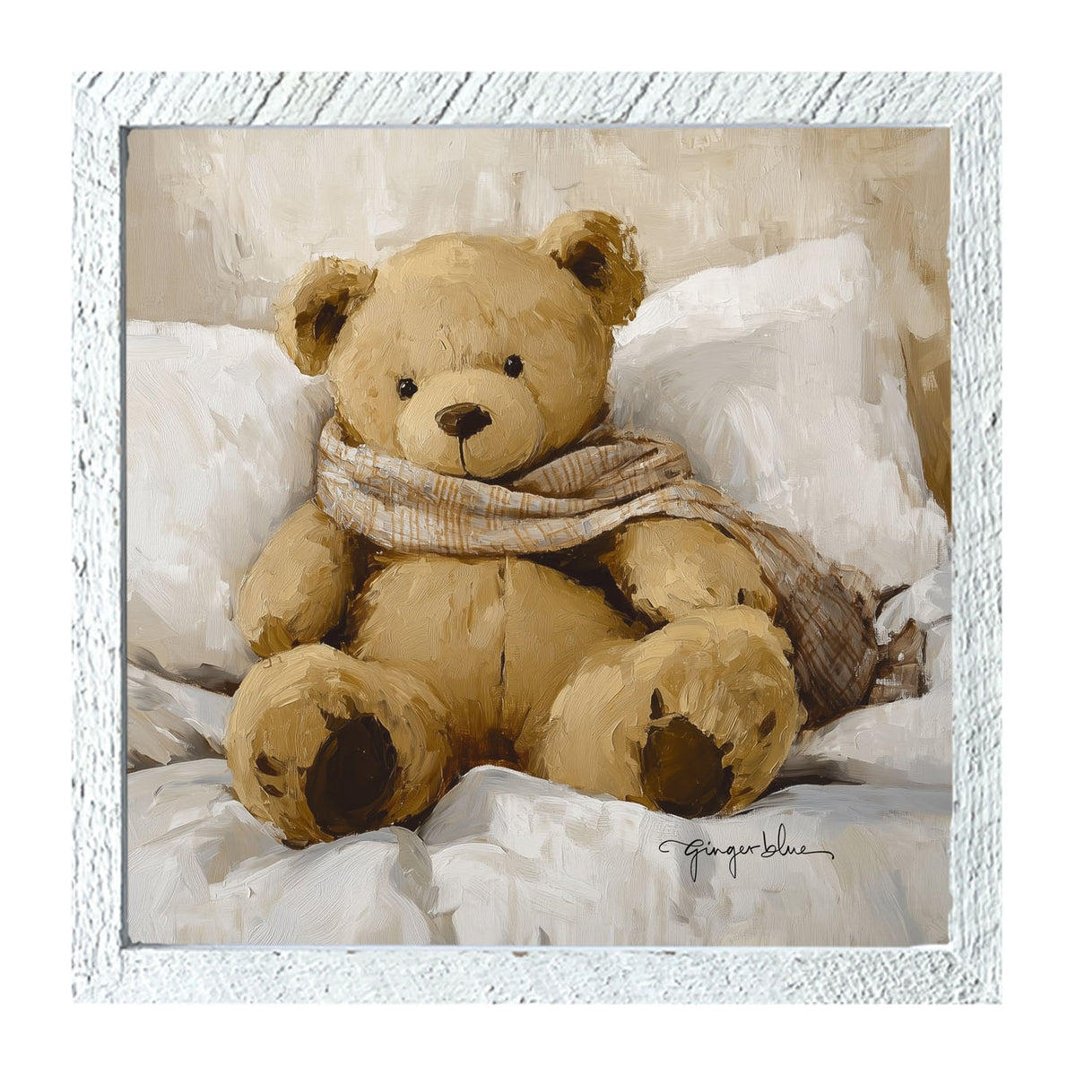 White Scarf Teddy Bear - Framed Art
