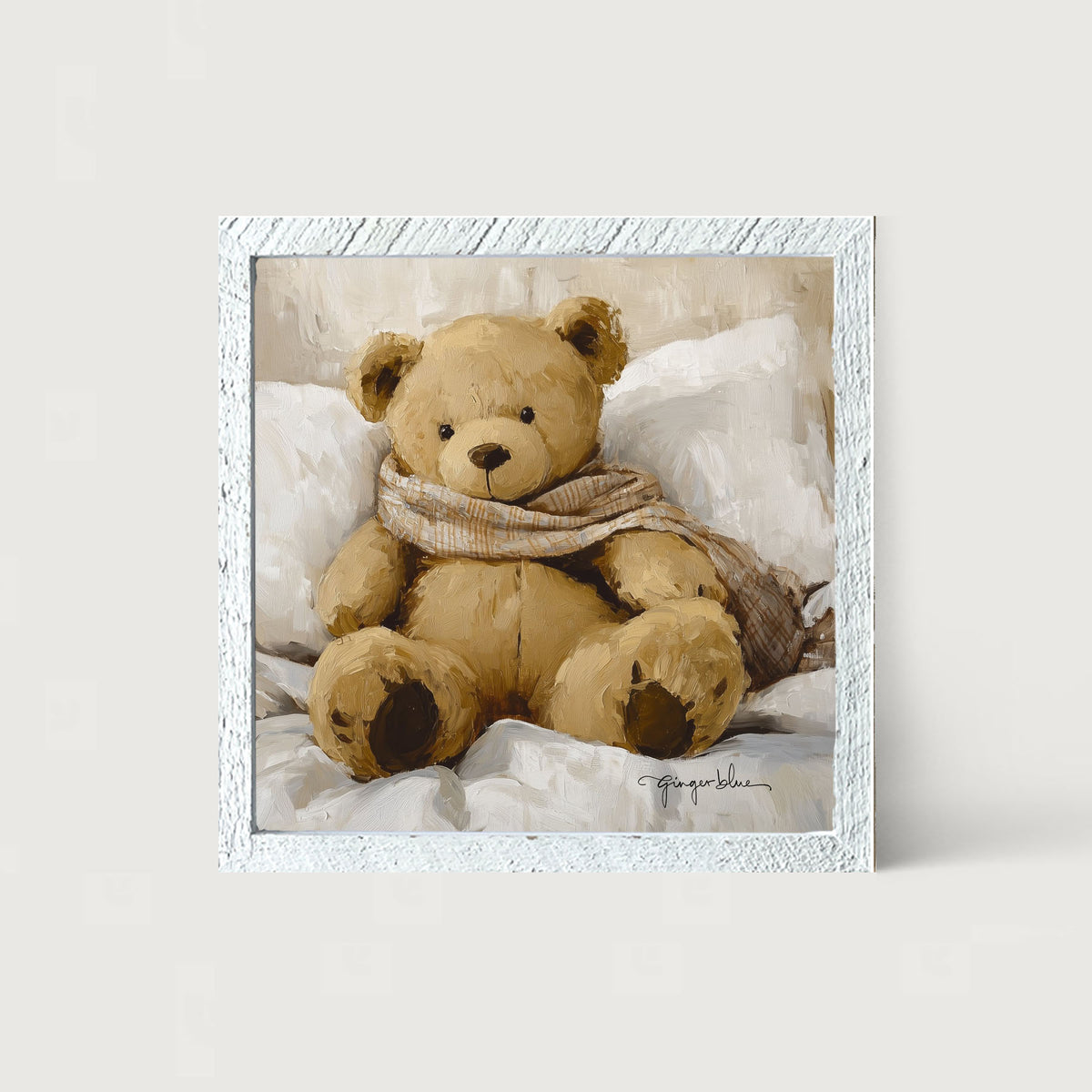 White Scarf Teddy Bear - Framed Art