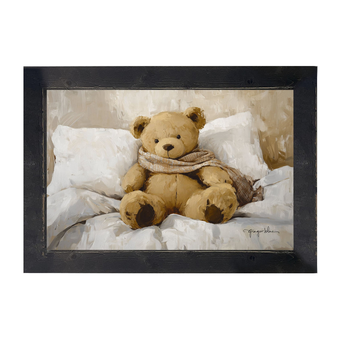 White Scarf Teddy Bear - Framed Art