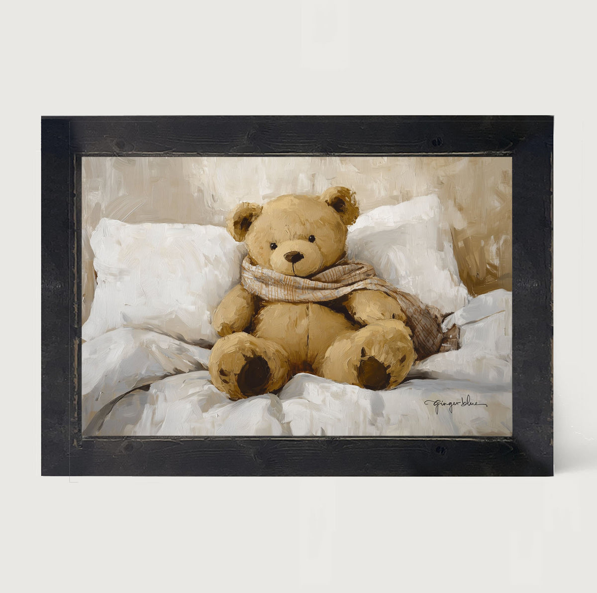 White Scarf Teddy Bear - Framed Art