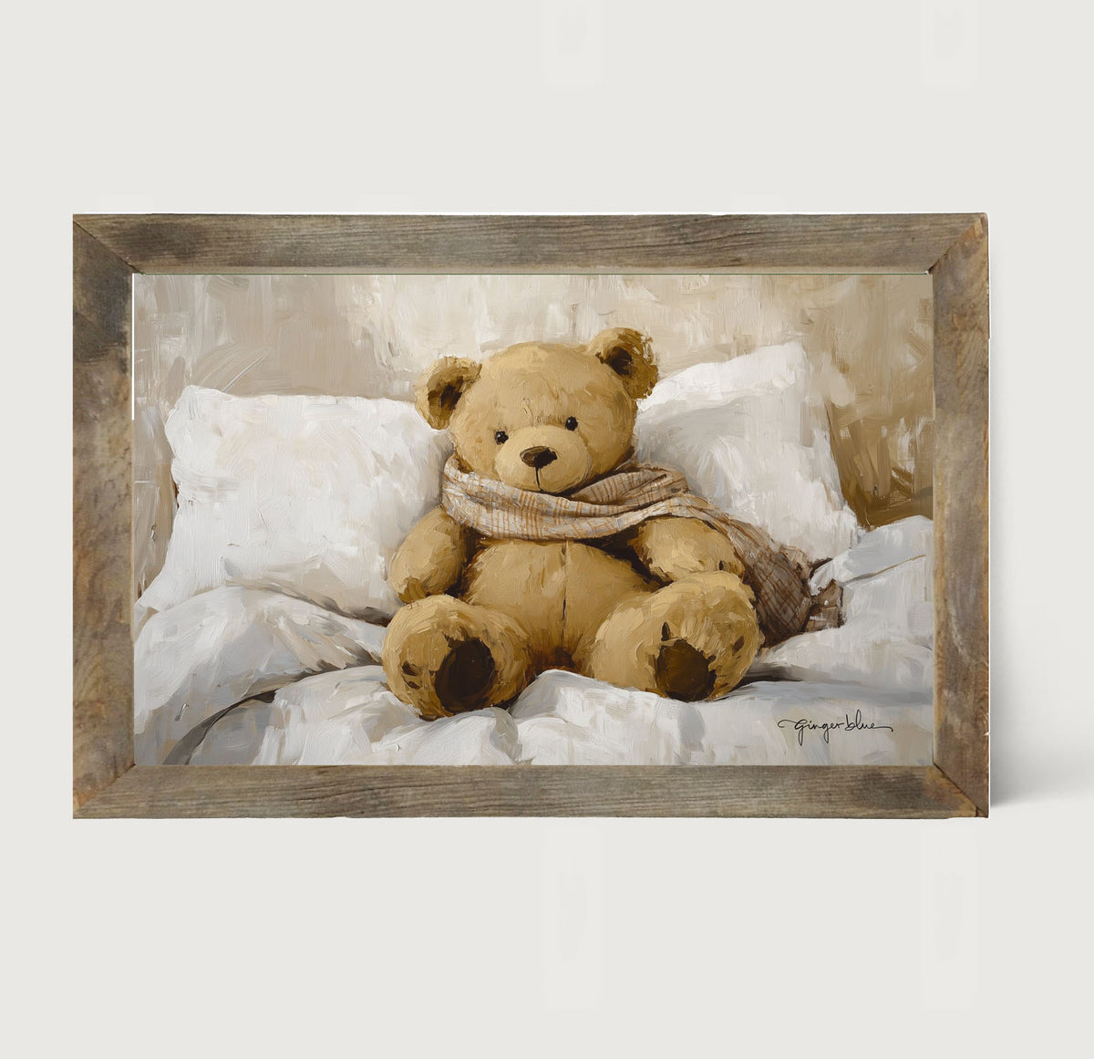 White Scarf Teddy Bear - Framed Art