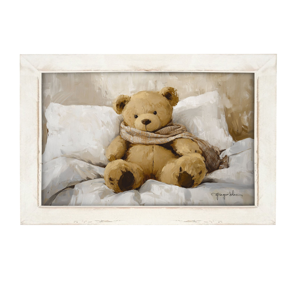 White Scarf Teddy Bear - Framed Art