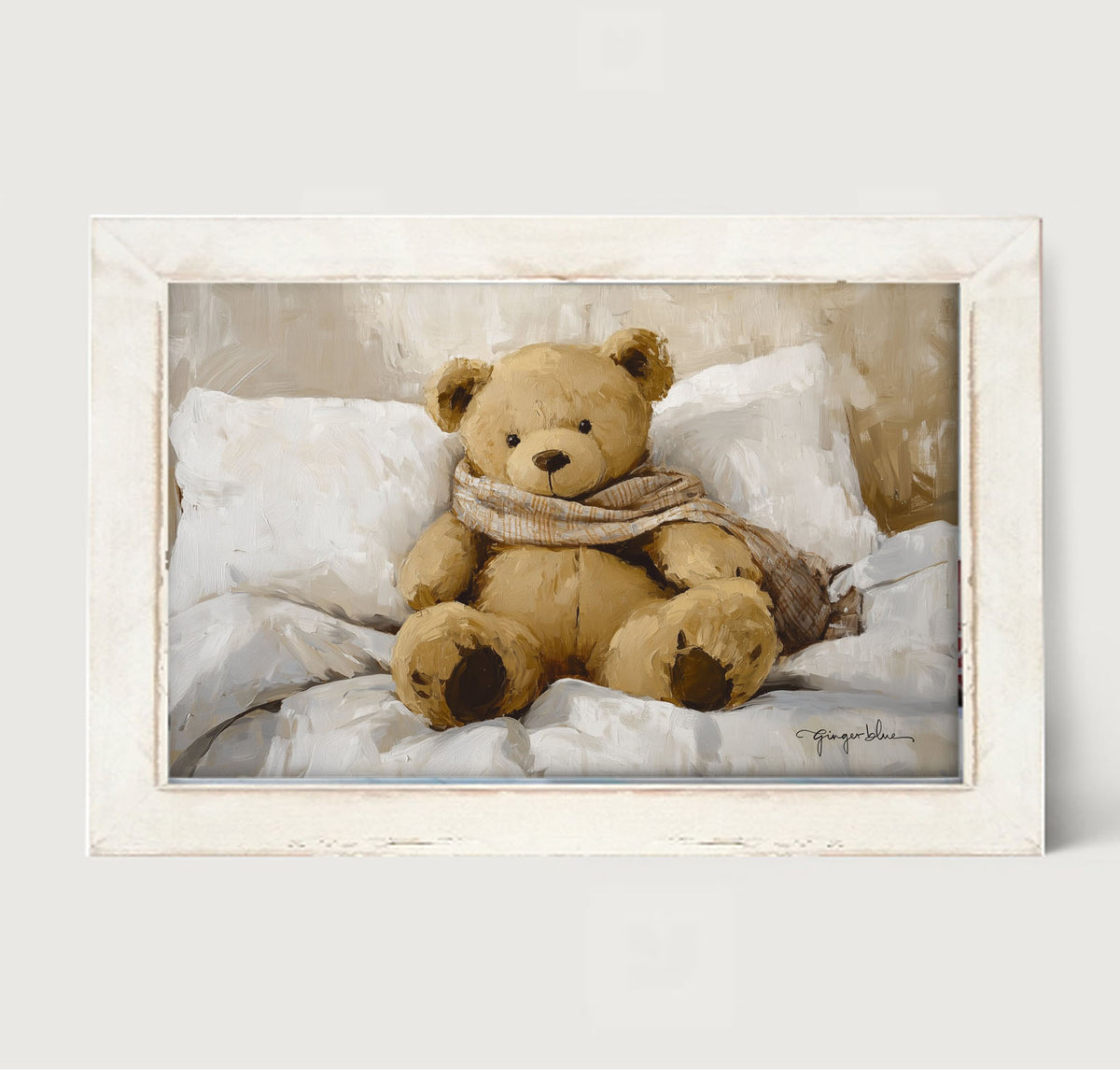 White Scarf Teddy Bear - Framed Art
