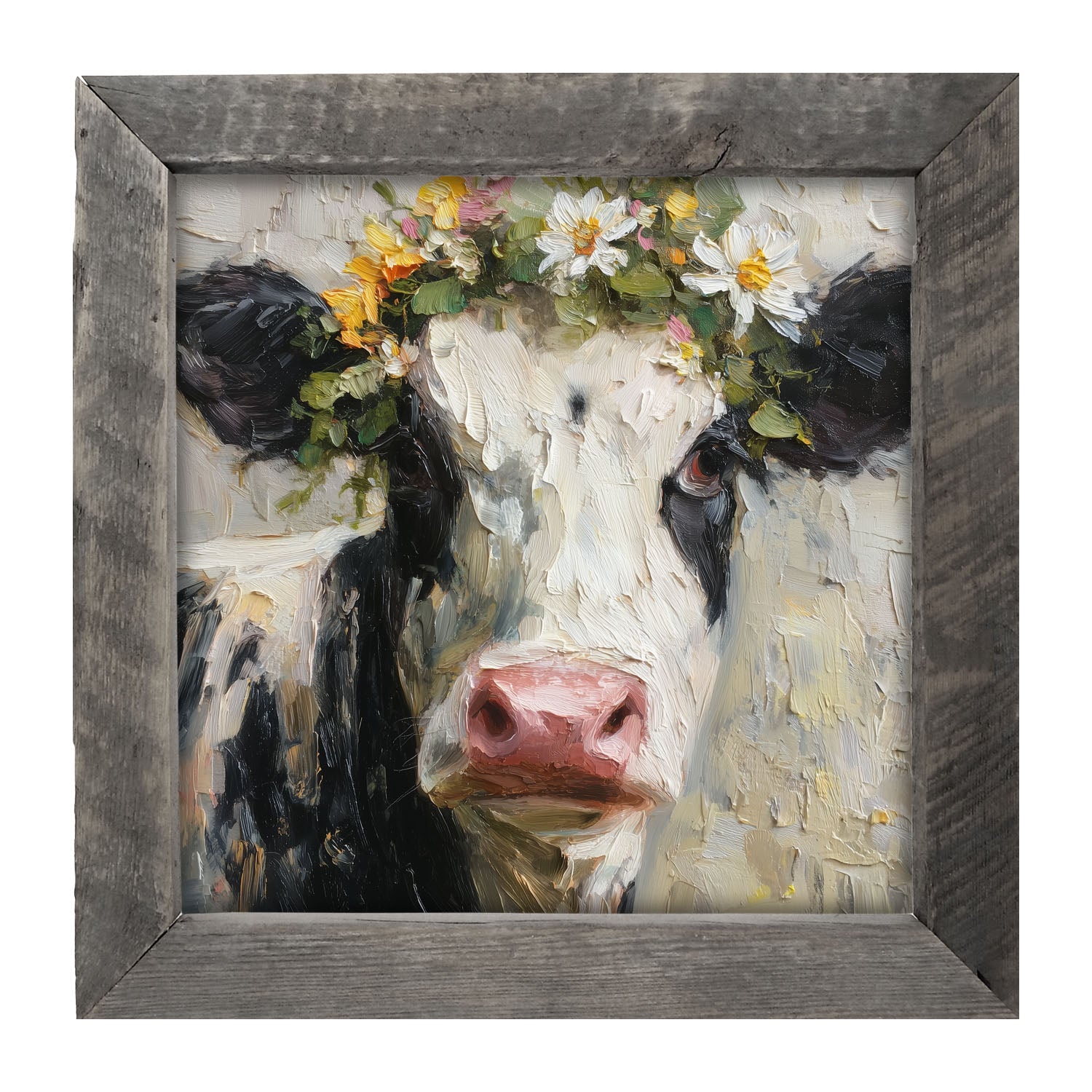 Spring Season Cow with Floral Crown - Framed Art