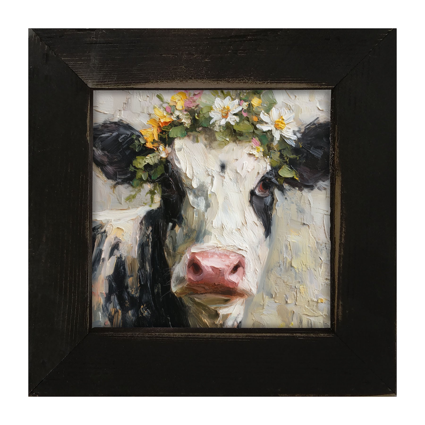 Spring Season Cow with Floral Crown - Framed Art
