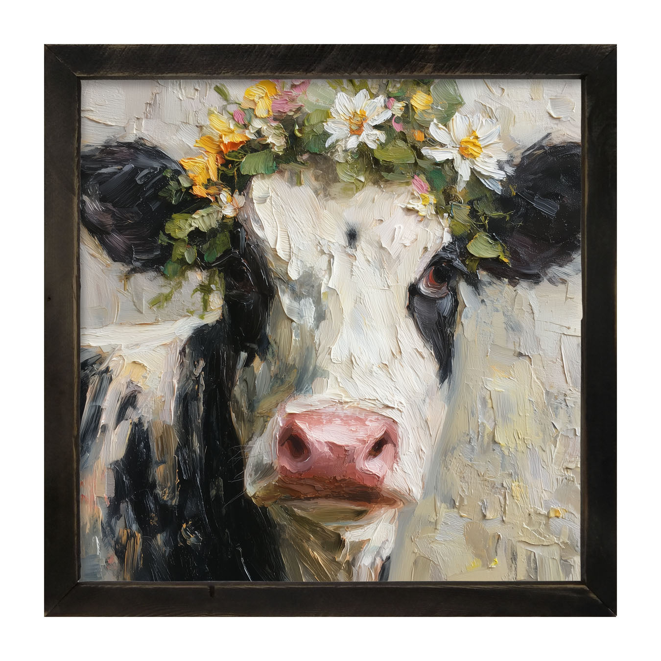 Spring Season Cow with Floral Crown - Framed Art