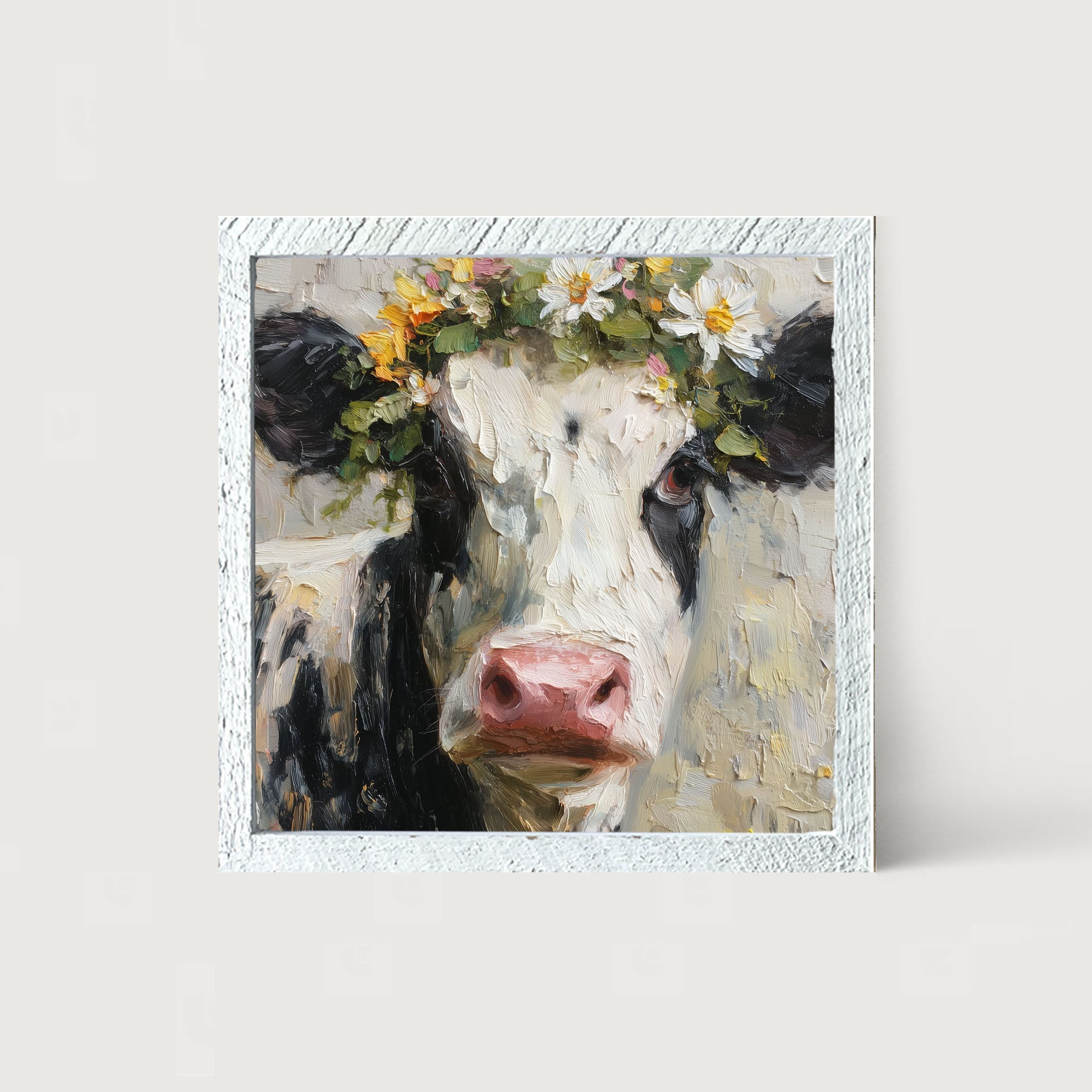 Spring Season Cow with Floral Crown - Framed Art