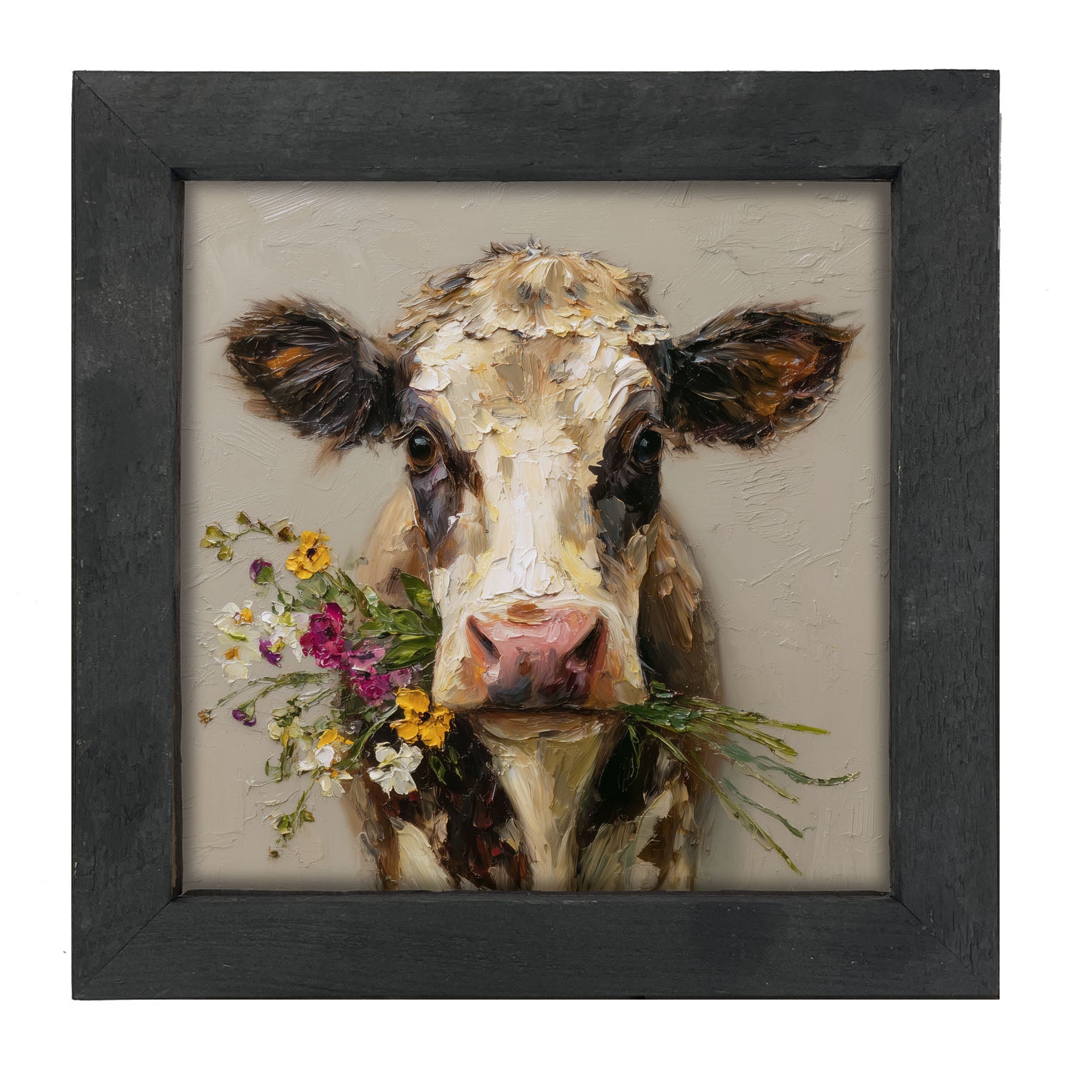 Spring Season Cow Holding Flowers - Framed Art