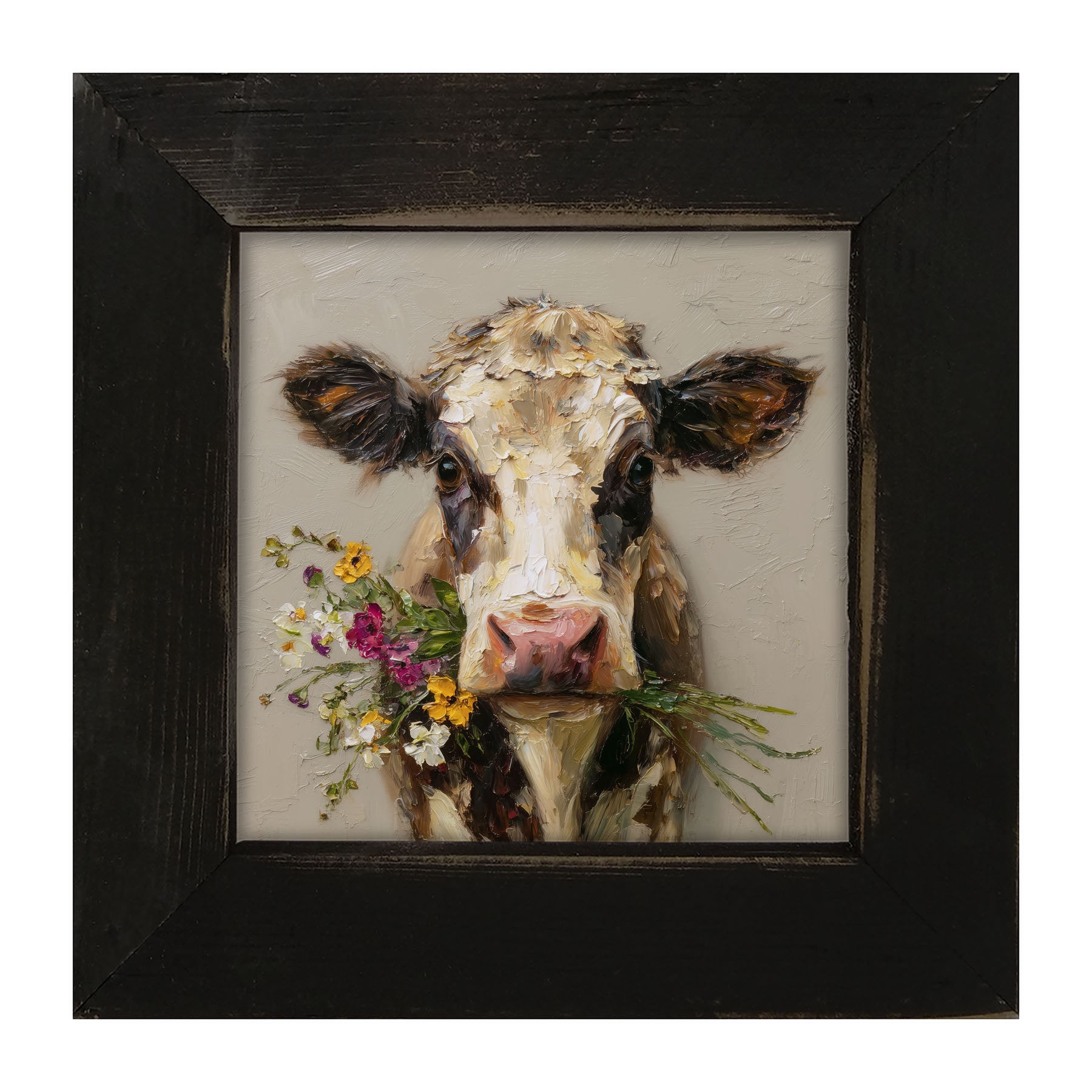 Spring Season Cow Holding Flowers - Framed Art