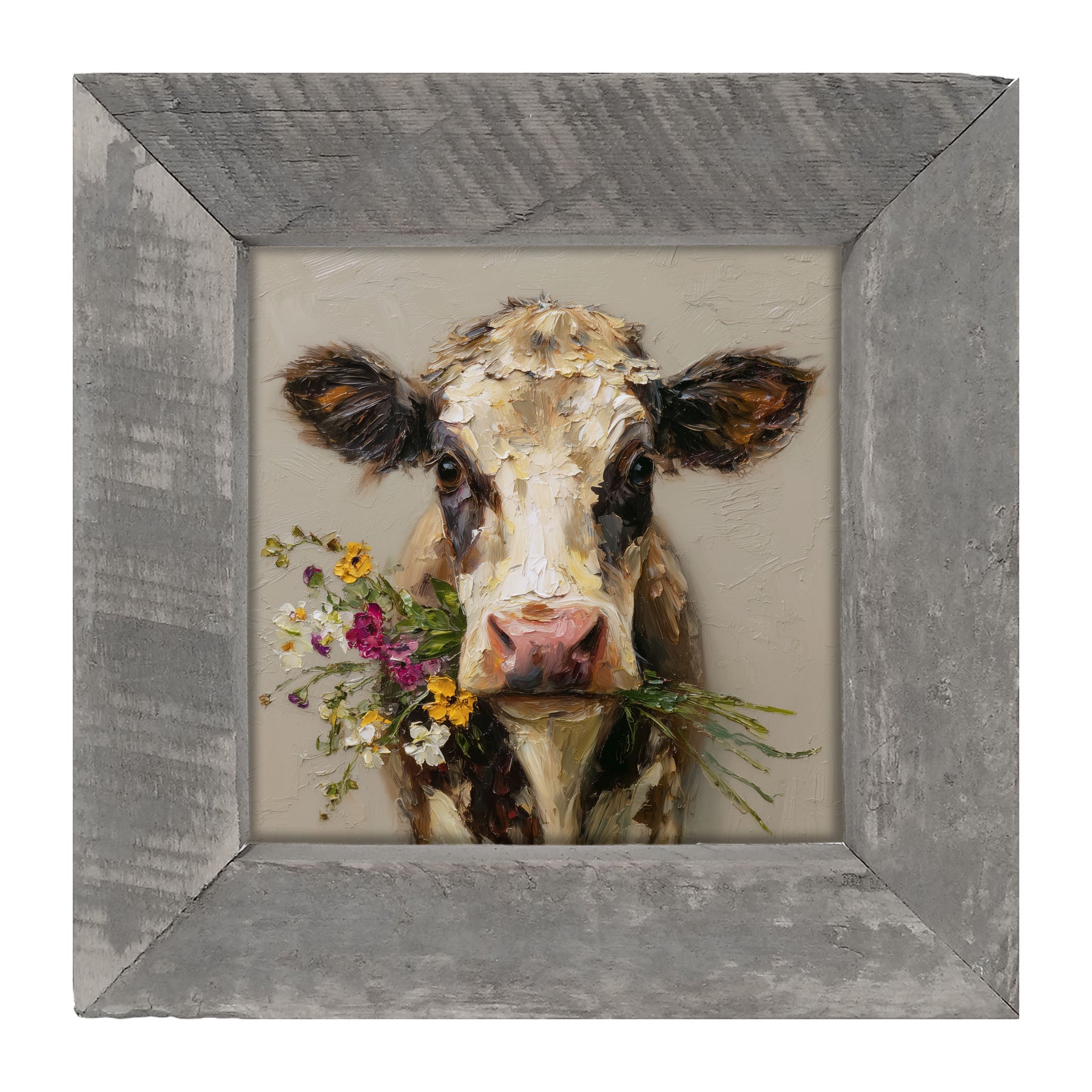 Spring Season Cow Holding Flowers - Framed Art