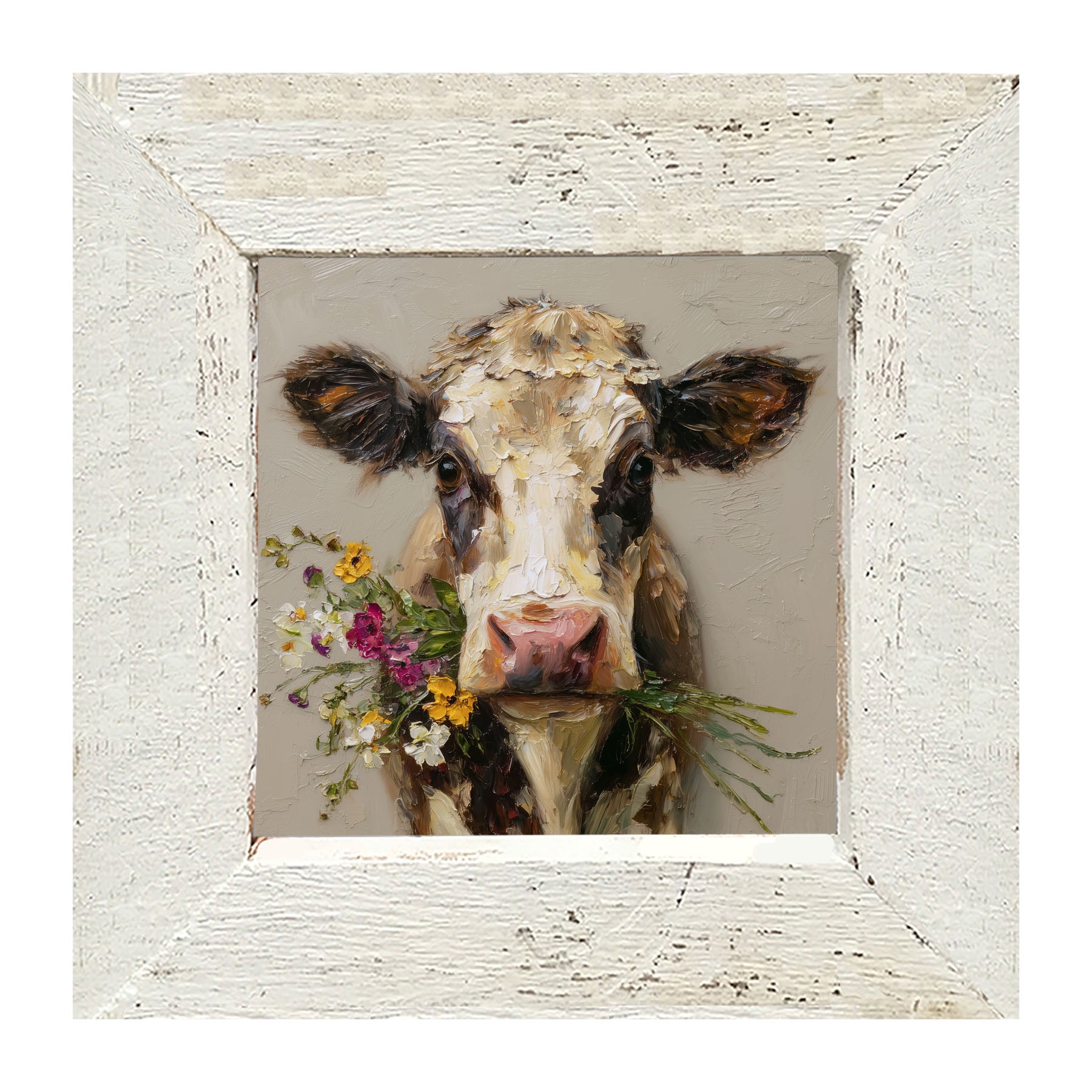 Spring Season Cow Holding Flowers - Framed Art
