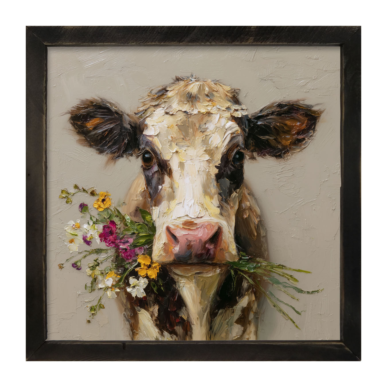 Spring Season Cow Holding Flowers - Framed Art