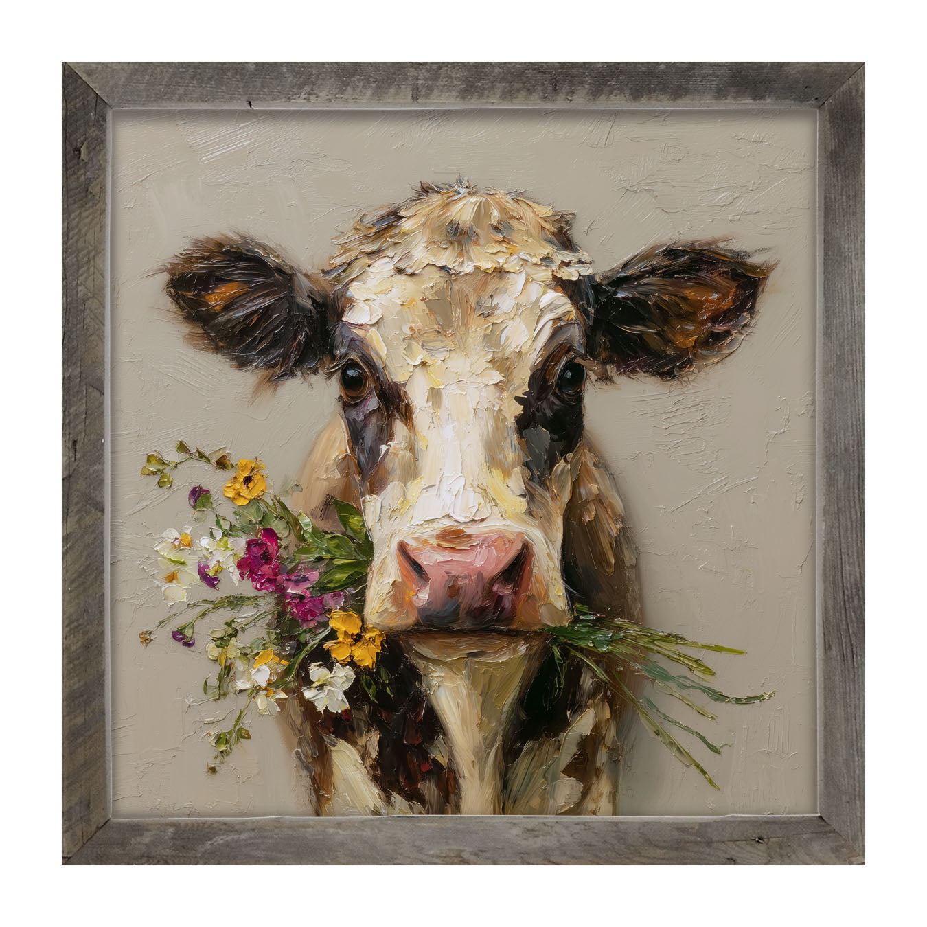 Spring Season Cow Holding Flowers - Framed Art