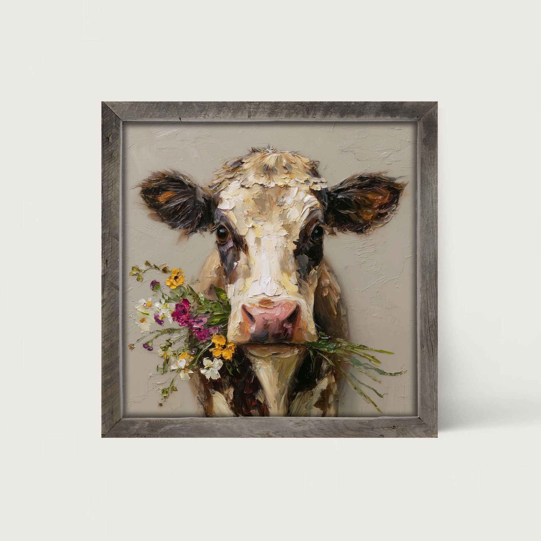 Spring Season Cow Holding Flowers - Framed Art