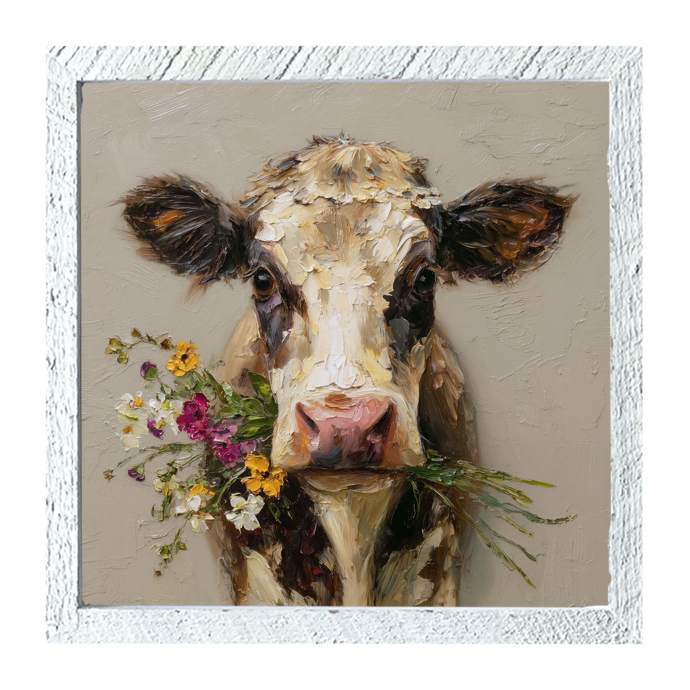 Spring Season Cow Holding Flowers - Framed Art