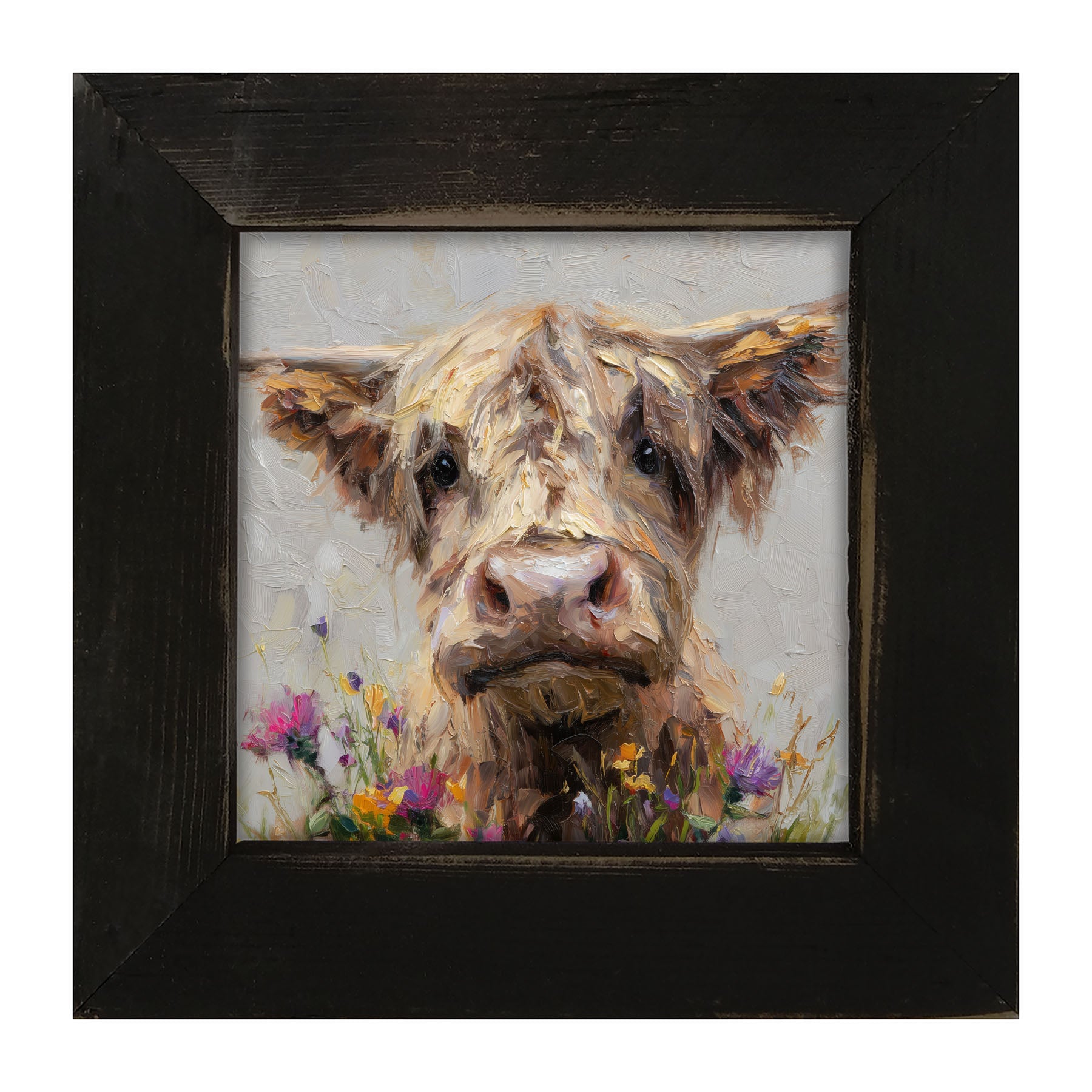 Spring Season Highland Cow with Flowers - Framed Art