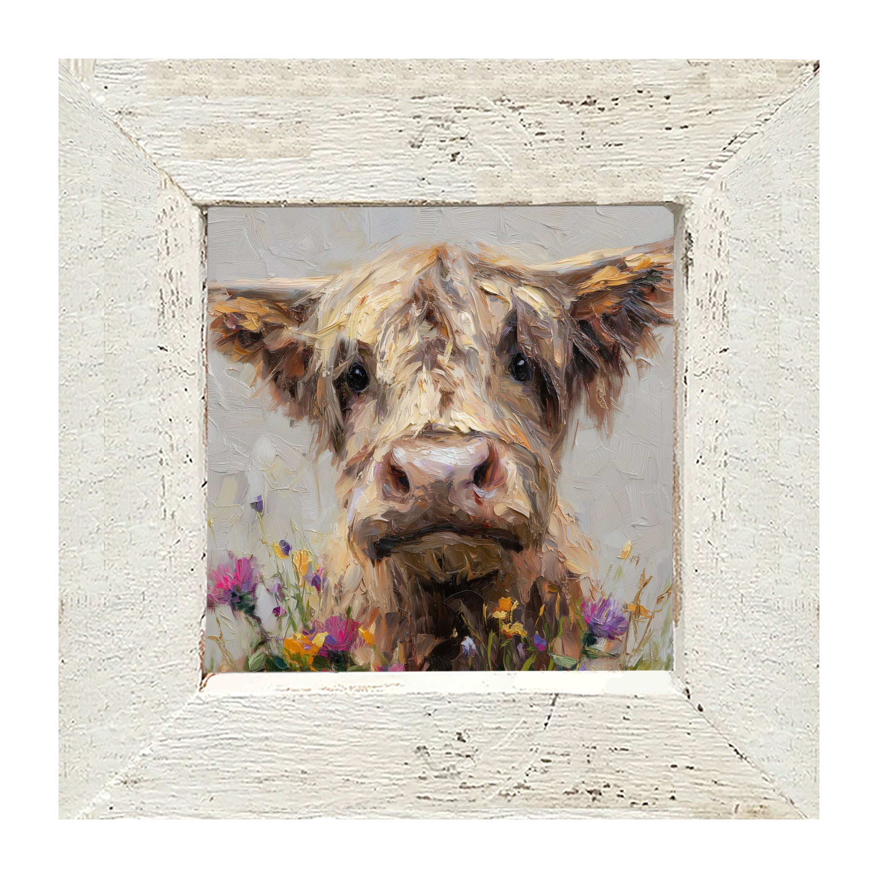 Spring Season Highland Cow with Flowers - Framed Art
