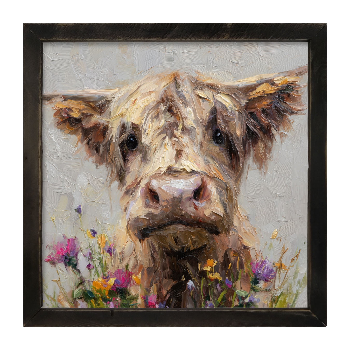Spring Season Highland Cow with Flowers - Framed Art