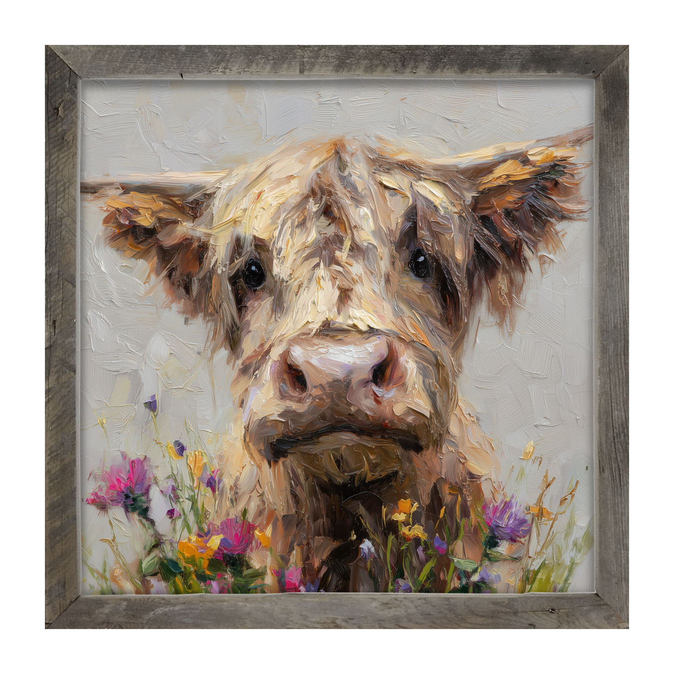Spring Season Highland Cow with Flowers - Framed Art