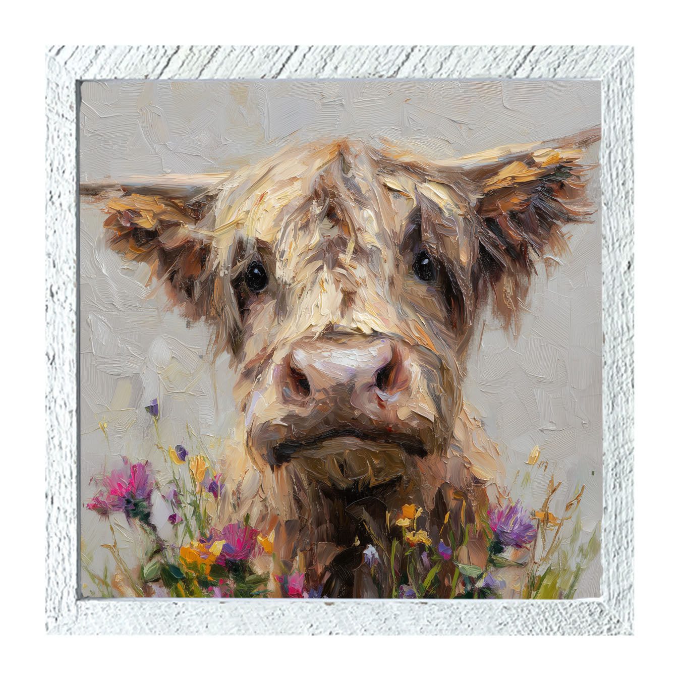 Spring Season Highland Cow with Flowers - Framed Art