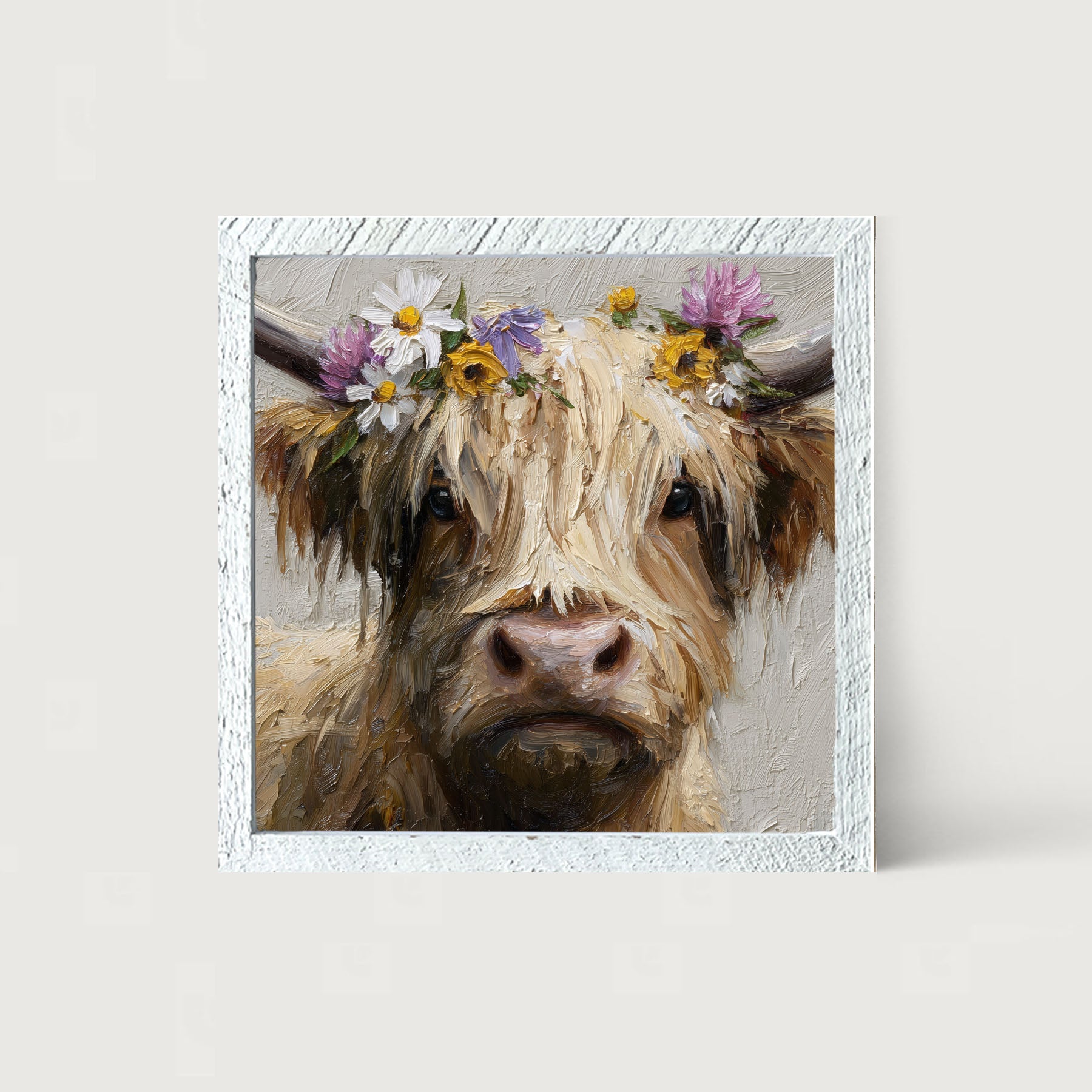 Spring Season Cow with Flowers in Hair - Framed Art